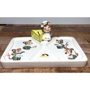 Vintage Lefton Ceramic Mouse Cheese & Snack Tray With Hand-Painted Design